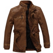 Street Fashion Stand Collar Long Sleeve Plush Lined Artificial Leather PU Jacket for Men with Belt