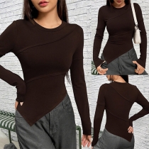 Fashion Round Neck Long Sleeve Irregular Hemline Knitting Shirt