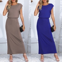 Casual Solid Color Round Neck Sleeveless Cinch Waist Maxi Dress