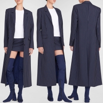 Fashion Vertical Stripe Printed Notch Lapel Long Sleeve Longline Blazer