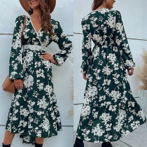 Fashion Floral Printed Lace Spliced V-neck Long Sleeve Midi Dress
