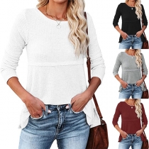 Casual Solid Color Round Neck Long Sleeve Waffle Pattern Shirt