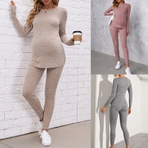 Fashion Ribbed Two-piece Set for Maternity Women Consist of Round Neck Shirt and Pants