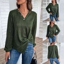 Casual Solid Color Buttoned V-neck Long Sleeve Shirt