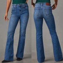 Casual Old-washed Frayed Straight Cut Denim Jeans