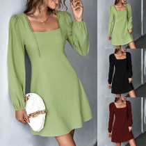 Casual Square Neck Puff Long Sleeve A-line Dress