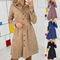 Vintage Solid Color Stand Collar Long Sleeve Buttoned Corduroy Dress