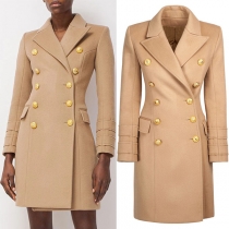 Elegant Solid Color Lapel Double-breasted Long Sleeve Duffle Jacket for Women