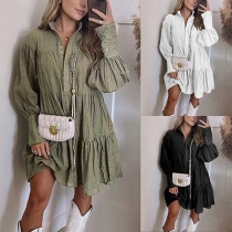 Casual Solid Color Ruched Stand Collar Long Sleeve Shirt Dress