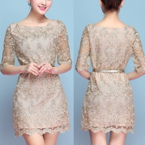 Elegant Half Sleeve Round Neck Slim Fit Lace Dress