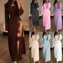 Fashion Solid Color Round Neck Long Sleeve Criss-cross Tie Ribbed Maxi Dress