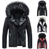 Fashion Long Sleeve Double-zipper Artificial Fur Spliced Hooded Warm Coat for Men