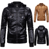 Fashion Warm Plush Lined Long Sleeve Stand Collar Detachable Hooded Artificial Leather PU Jacket for Men