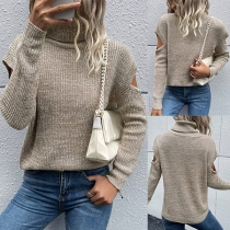 Sexy Solid Color Turtleneck Open Shoulder Long Sleeve Knitted Sweater