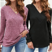 Casual Solid Color V-neck Long Sleeve Ribbed Shirt