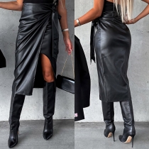 Sexy High-rise Slit Artificial Leather PU Wrap Skirt