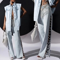 Street Fashion Chain Slit Frayed Denim Jeans