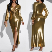 Sexy Long Sleeve Kink Ruched V-neck Slit Gold Party Dress