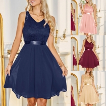 Elegant Round Neck Sleeveelss Lace Spliced Chiffon Mini Dress