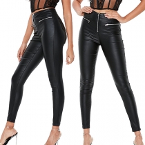Fashion Zipper Artificial Leather PU Skinny Pants