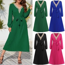 Elegant Lace Spliced V-neck Long Sleeve Self-tie Pleated Dress