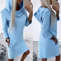 Fashion Solid Color Hooded Long Sleeve Side Pocketed Mini Dress