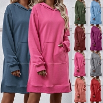 Casual Solid Color Hooded Long Sleeve Kangaroo Pockets Slit Sweatshirt Dress