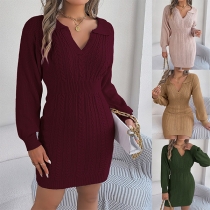 Elegant Stand Collar V-neck Long Sleeve Knitted Sweater Dress