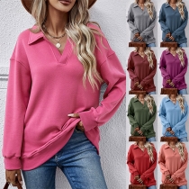 Casual Solid Color Stand Collar V-neck Long Sleeve Sweatshirt