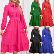 Fashion Solid Color Self-tie Mock Neck Long Sleeve Tiered Dress with Belt