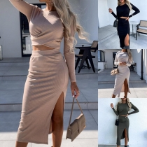Fashion Ribbed Two-piece Set Consist of Criss-cross Crop Top and Slit Skirt