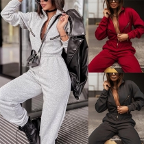 Fashion Sporty Stand Collar Half-zipper Long Sleeve Elastic Waist Jumpsuit