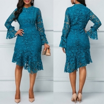 Elegant Solid Color Long Sleeve Round Neck Irregular Hemline Lace Dress