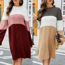 Fashion Contrast Color Round Neck Long Sleeve Knitted Sweater Dress