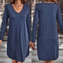 Casual Solid Color V-neck Patch Pockets Long Sleeve Dress