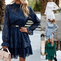 Elegant Floral Jacquard Round Neck Long Sleeve Tiered Dress