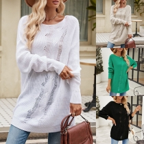 Fashion Solid Color Round Neck Long Sleeve Distreeted Knitted Sweater