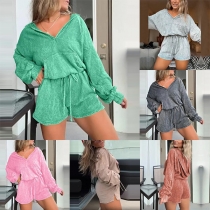 Fashion Solid Color V-neck Long Sleeve Drawstring Waist Hooded Romper