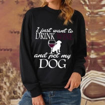 Chic Round Neck Long Sleeve Letter Wine Glass Printed Shirt for Women