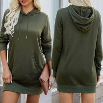 Casual Solid Color Drawstring Hooded Long Sleeve Sweatshirt Dress