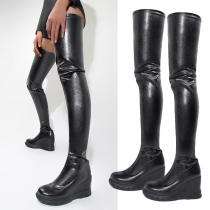 Street Fashion Solid Color Swedge Artificial Leather PU Thigh-high Boots