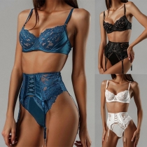 Sexy Lace-up Lace Spliced Three-piece Lingerie Set