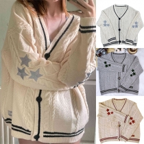 Casual Star Pattern V-neck Long Sleeve Knitted Cardigan