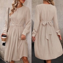 Elegant Solid Color Round Neck Ruched Long Sleeve Self-tie Pleated Dress
