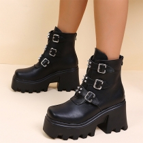 Punk Fashion Rivet Buckle Platform Block Heeled Artificial Leather PU Ankle Boots