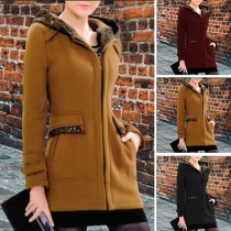 Fashion Contrast Color Long Sleeve Hooded Duffle Jacket for Women