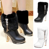 Fashion Plush Spliced Rhinestone High-heeled Anklet Boots