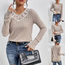 Casual Lace Spliced V-neck Long Sleeve Ribbed Shirt