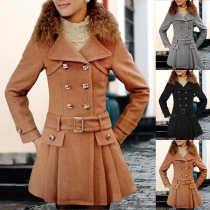 Fashion Solid Color Double-breasted Lapel Long Sleeve Ruffled Hemline Duffle Jacket for Women with Belt