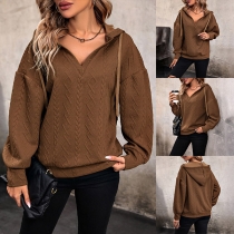 Fashion Drawstring Hooded Long Sleeve Cable Knitted Sweatshirt